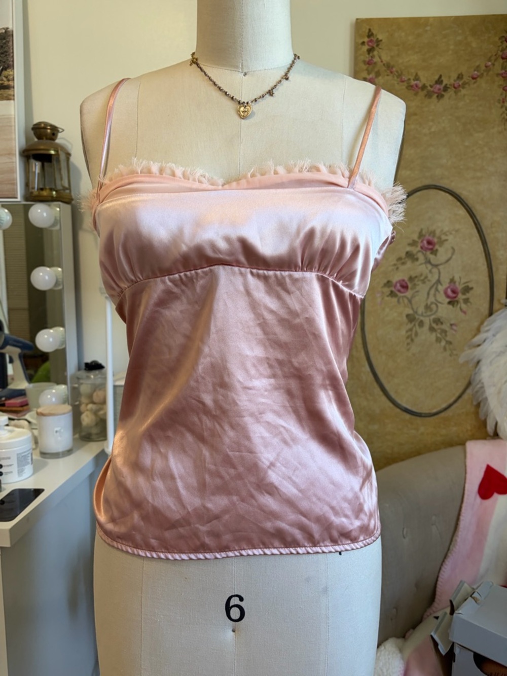 Silky Pink Lace-Trim Cami Top